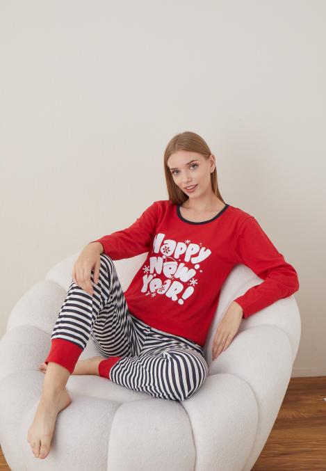 Pijama Dama Craciun "HAPPY NEW YEAR " ,maneca lunga ,pantaloni lungi,Engros